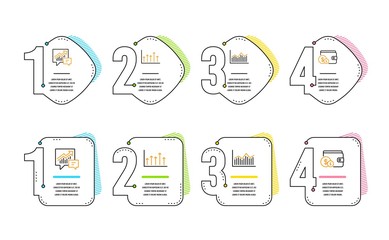 Accounting, Growth chart and Money diagram icons simple set. Buying accessory sign. Supply and demand, Upper arrows, Currency diagram. Wallet with coins. Finance set. Infographic timeline. Vector