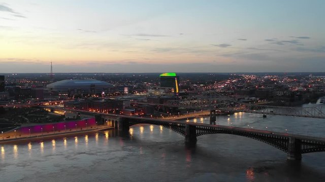 Downtown St. Louis Bridge Late Sunset Aerial Shot 4K