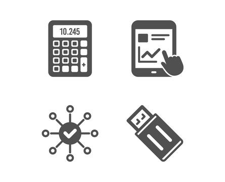 Set of Calculator, Internet report and Survey check icons. Usb flash sign. Accounting device, Web tutorial, Correct answer. Memory stick.  Classic design calculator icon. Flat design. Vector