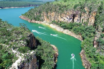 Aerial view of Capitolio's lagoon, Minas Gerais, Brazil. Furnas's dam. Tropical travel. Travel destination. Vacation travel.