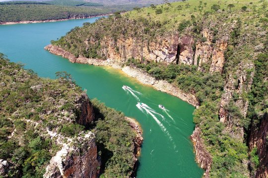 Aerial view of Capitolio's lagoon, Minas Gerais, Brazil. Furnas's dam. Tropical travel. Travel destination. Vacation travel.