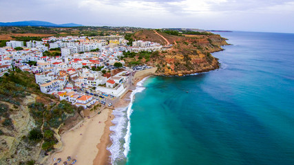 Aerial view in beach of Algarve. Portugal. Drone Photo - obrazy, fototapety, plakaty