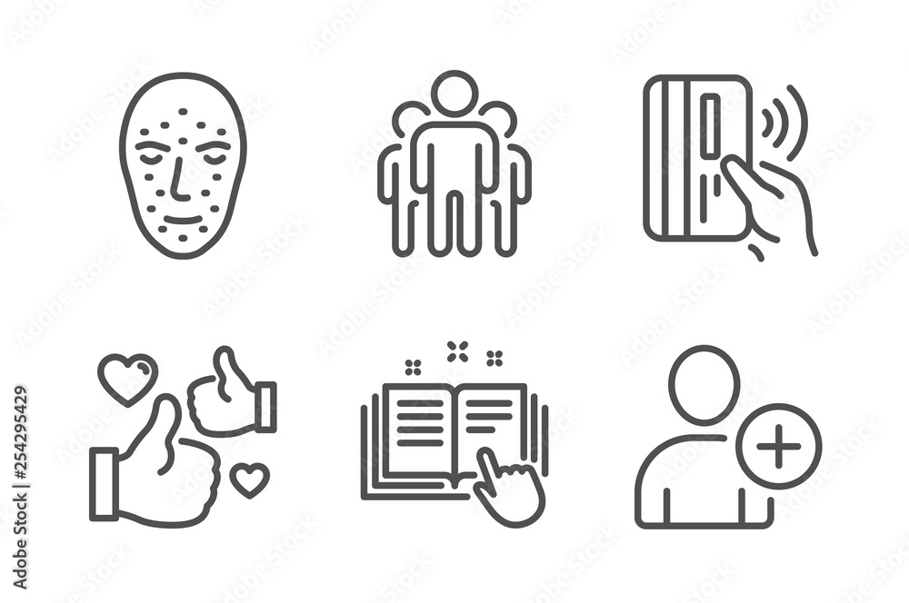 Aufkleber contactless payment, group and face biometrics icons simple set. technical documentation, like and a