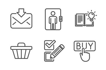 Incoming mail, Shop cart and Elevator icons simple set. Product knowledge, Checkbox and Buying signs. Download message, Web buying. Line incoming mail icon. Editable stroke. Vector