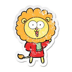 distressed sticker of a happy cartoon lion