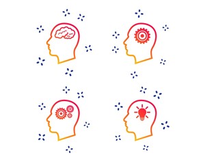 Head with brain and idea lamp bulb icons. Male human think symbols. Cogwheel gears signs. Random dynamic shapes. Gradient head icon. Vector
