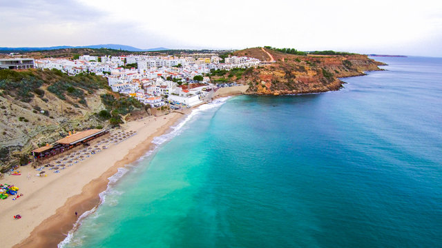 Aerial view in beach of Algarve. Portugal. Drone Photo