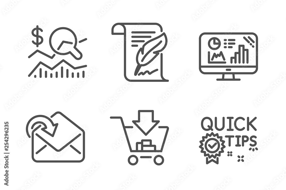 Poster check investment, receive mail and shopping icons simple set. feather, analytics graph and quick tip