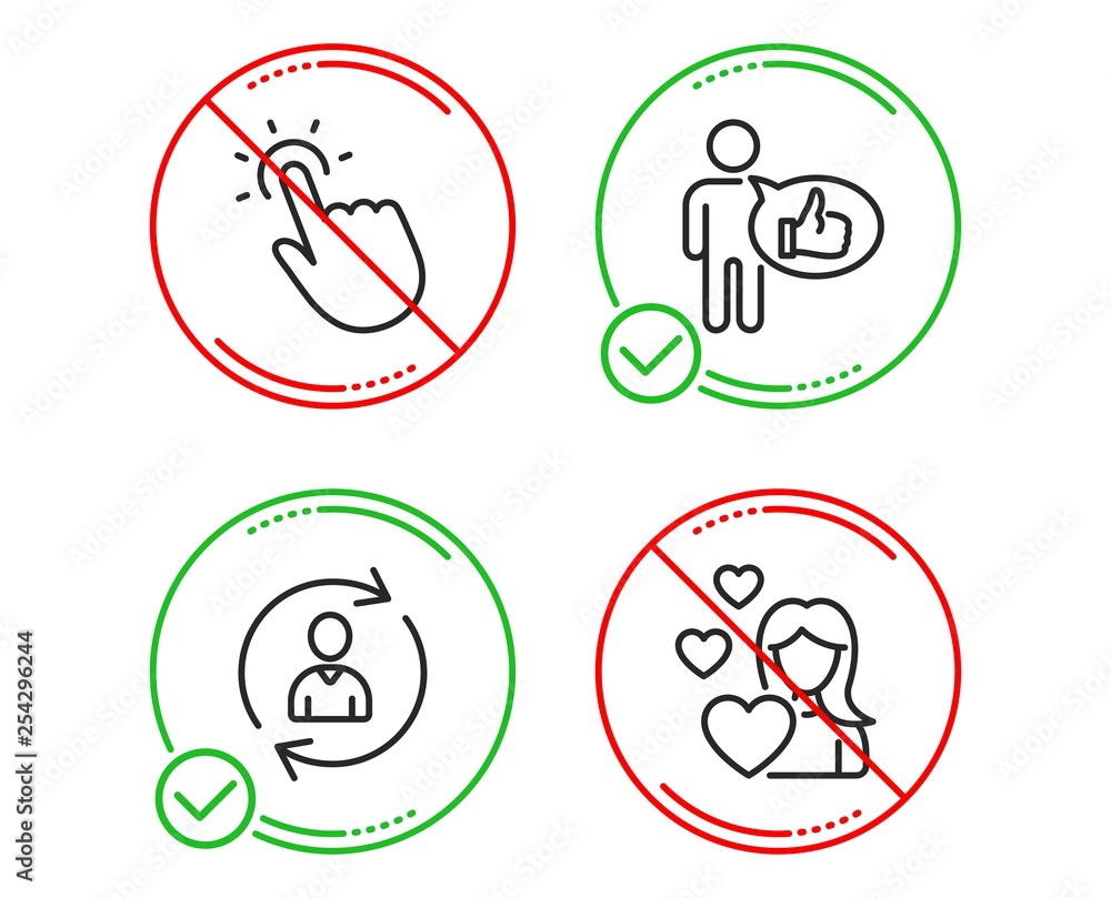 Poster do or stop. person info, touchpoint and like icons simple set. love sign. refresh user data, touch t