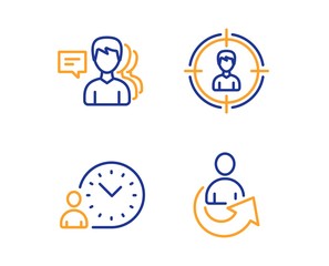People, Headhunting and Time management icons simple set. Share sign. Support job, Person in target, Work time. Referral person. People set. Linear people icon. Colorful design set. Vector
