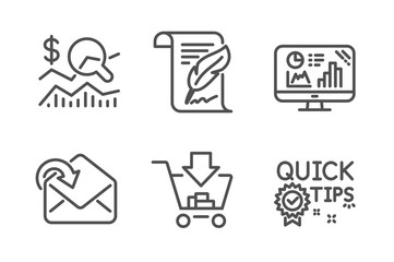 Check investment, Receive mail and Shopping icons simple set. Feather, Analytics graph and Quick tips signs. Business report, Incoming message. Line check investment icon. Editable stroke. Vector