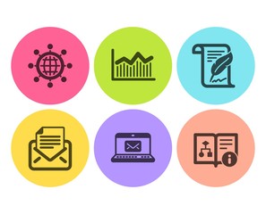 Money diagram, Feather and Mail correspondence icons simple set. International globe, E-mail and Technical algorithm signs. Currency diagram, Copyright page. Education set. Flat money diagram icon