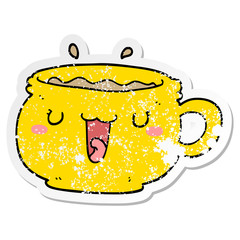 distressed sticker of a cute cartoon coffee cup