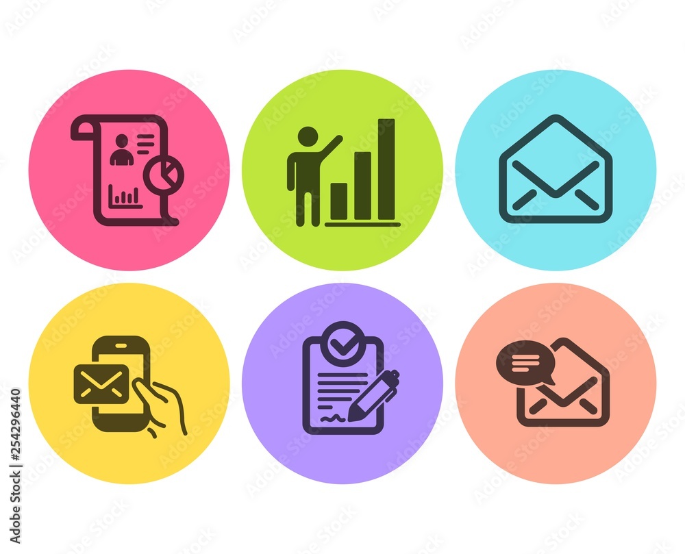 Poster rfp, report and graph chart icons simple set. mail, messenger mail signs. request for proposal, work