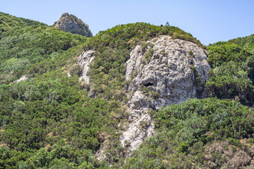 big view over forest valley to a big rock