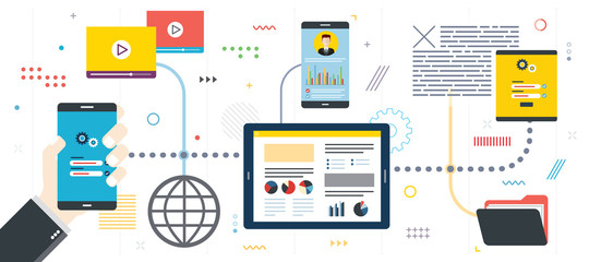 Security analysis and project management. Performance analysis, smartphone with data, application developments.Template in flat design for web banner or infographic with icons in vector illustration.