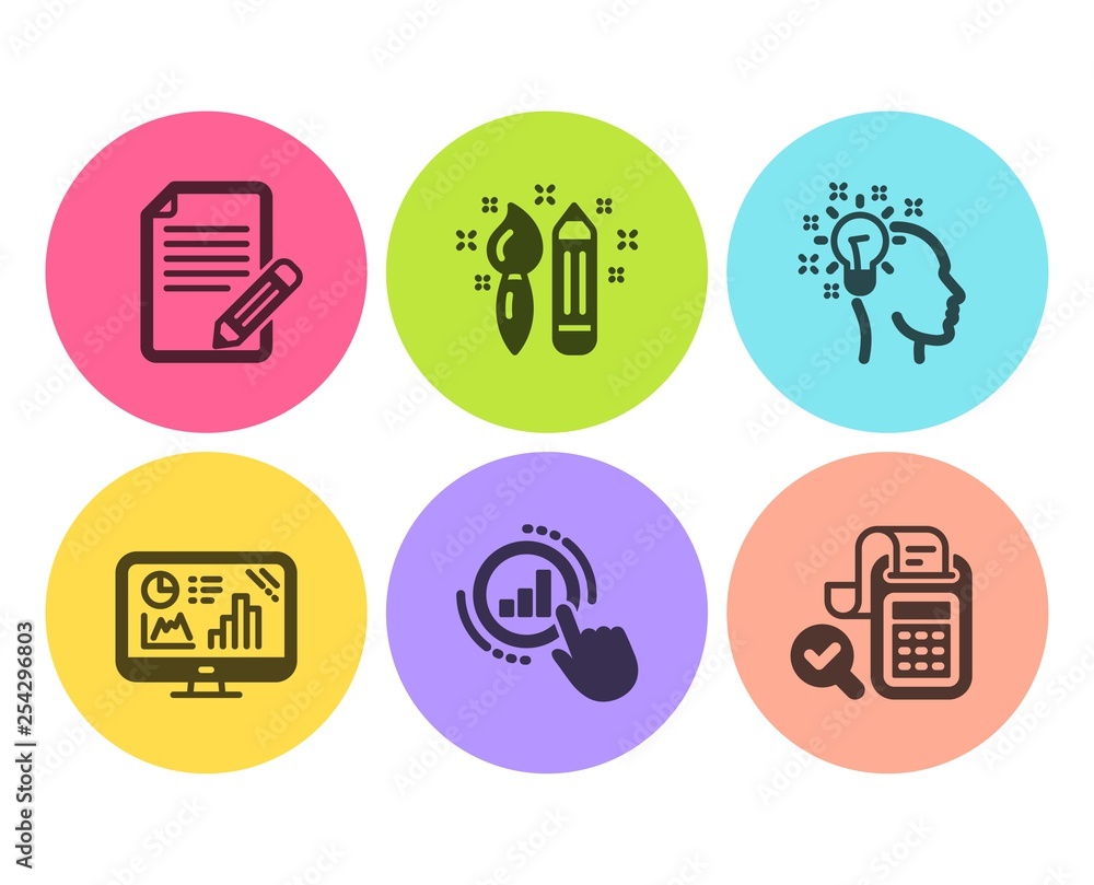 Poster graph chart, idea and creativity icons simple set. article, analytics graph and bill accounting sign