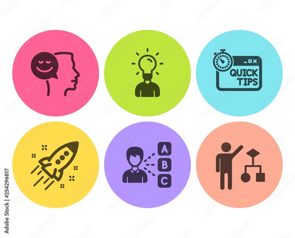 Poster opinion, education and good mood icons simple set. startup rocket, quick tips and algorithm signs. c