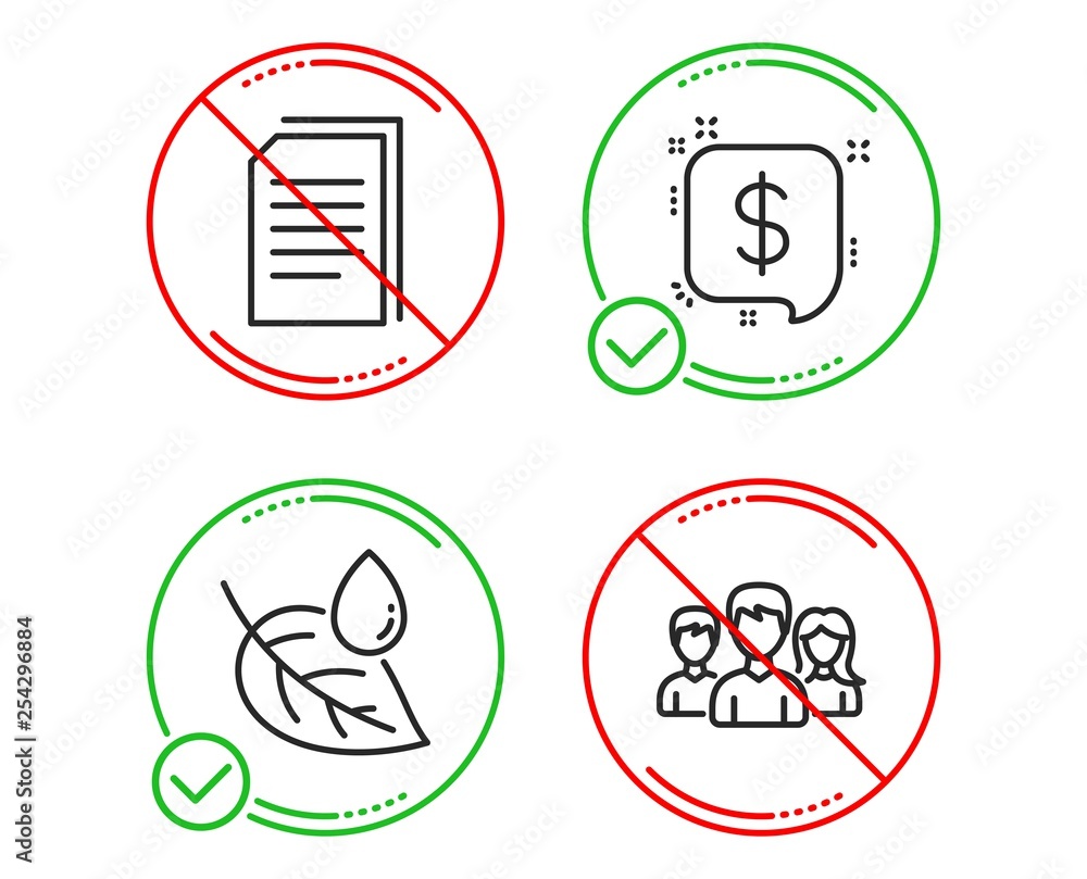 Poster do or stop. leaf dew, copy files and payment message icons simple set. teamwork sign. water drop, co