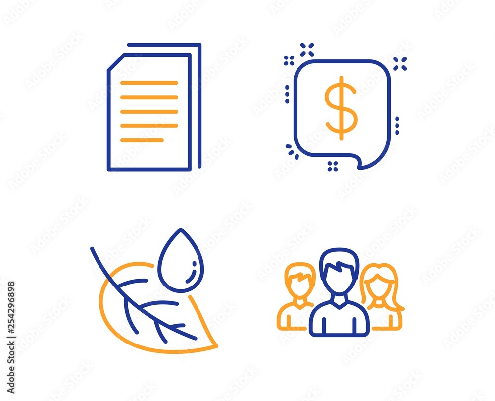 Poster leaf dew, copy files and payment message icons simple set. teamwork sign. water drop, copying docume