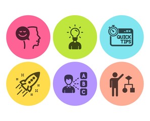 Opinion, Education and Good mood icons simple set. Startup rocket, Quick tips and Algorithm signs. Choose answer, Human idea. Education set. Flat opinion icon. Circle button. Vector