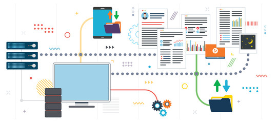 Sending and receiving data from cloud computing. Data backup and access to computer network. Template in flat design for web banner or infographic in vector illustration.