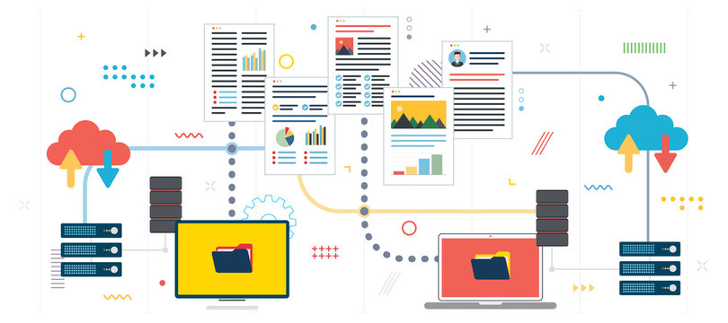 Sharing and transferring documents and data. Transfer data between computer and laptop. Backup data and computer network. Template in flat design for web banner or infographic in vector illustration.