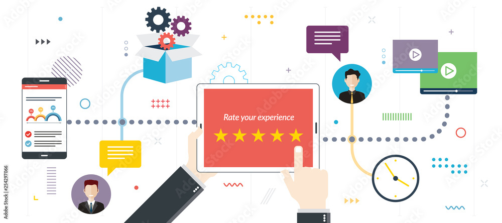 Poster rating system, feedback and qualification. rating system on tablet screen with stars. flat design fo