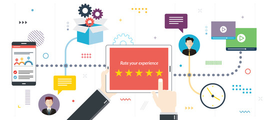 Rating system, feedback  and qualification. Rating system on tablet screen with stars. Flat design for web banner or infographic in vector illustration.