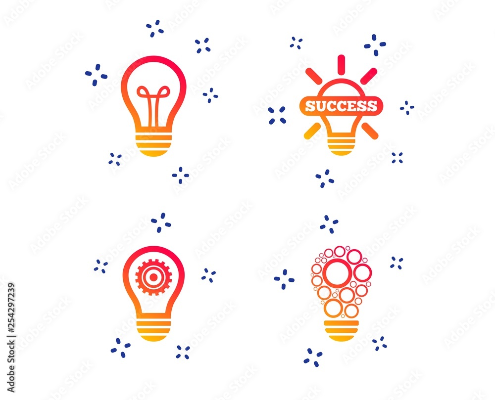 Poster light lamp icons. circles lamp bulb symbols. energy saving with cogwheel gear. idea and success sign