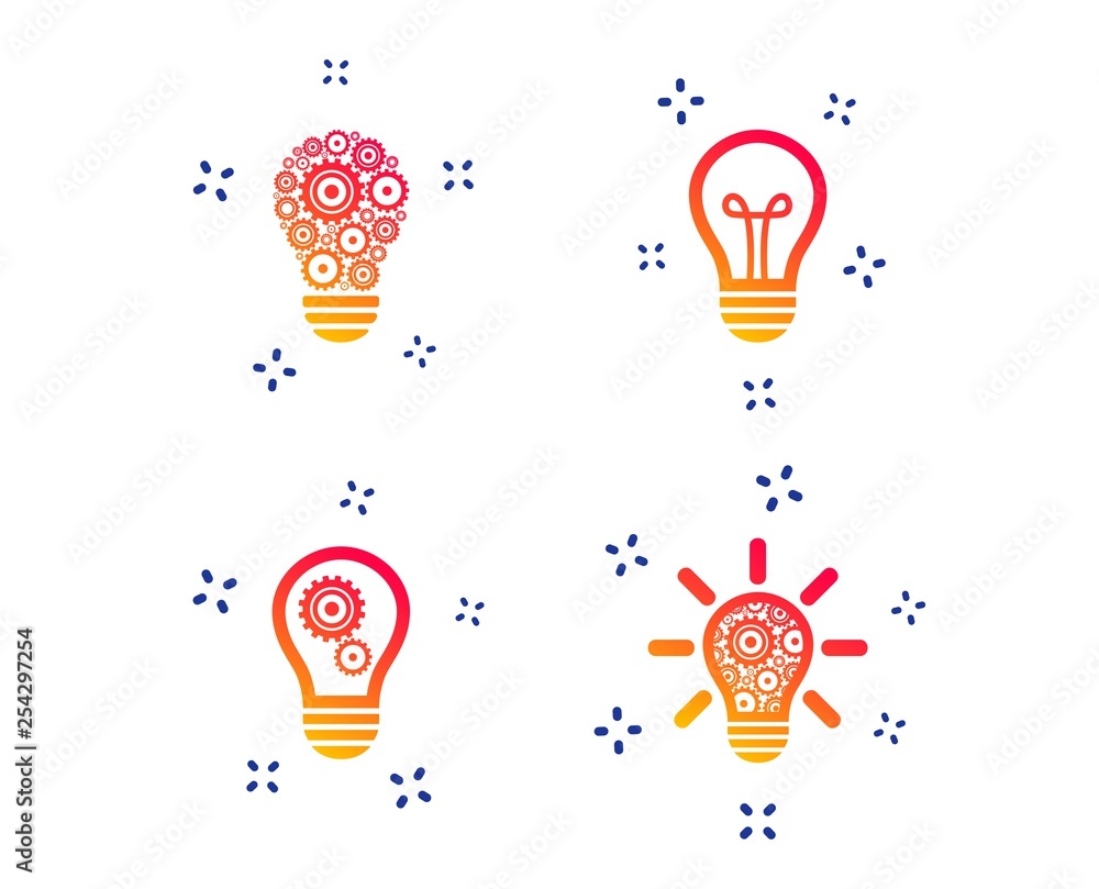 Wall mural light lamp icons. lamp bulb with cogwheel gear symbols. idea and success sign. random dynamic shapes