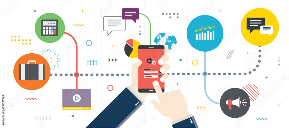 Poster smartphone security and communication in social media. mobile phone on login screen. smartphone appl