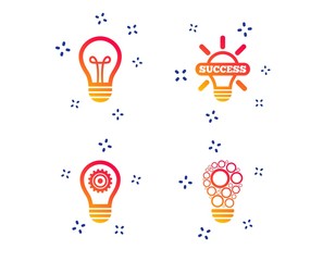 Light lamp icons. Circles lamp bulb symbols. Energy saving with cogwheel gear. Idea and success sign. Random dynamic shapes. Gradient lamp icon. Vector