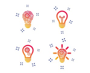 Light lamp icons. Lamp bulb with cogwheel gear symbols. Idea and success sign. Random dynamic shapes. Gradient lamp icon. Vector