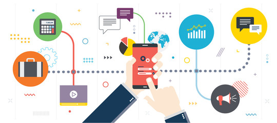 Smartphone security and communication in social media. Mobile phone on login screen. Smartphone application icons connected by lines. Flat design for web banner in vector illustration.