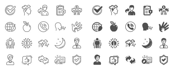 Check mark, Sharing economy and Mindfulness stress, Breath people line icons. Privacy Policy, Social Responsibility, Breath icons. Bad weather, Tick check mark, sharing refer, stress. Quality sign set