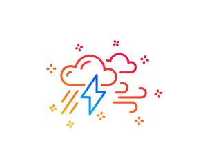Clouds with raindrops, lightning, wind line icon. Bad weather sign. Gradient design elements. Linear bad weather icon. Random shapes. Vector