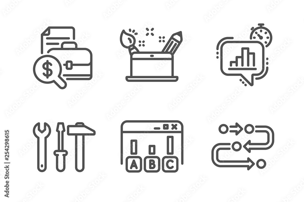 Poster creativity concept, survey results and spanner tool icons simple set. statistics timer, accounting r