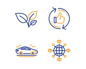 Leaves, Car and Refresh like icons simple set. Logistics network sign. Grow plant, Transport, Thumbs up counter. International tracking. Linear leaves icon. Colorful design set. Vector