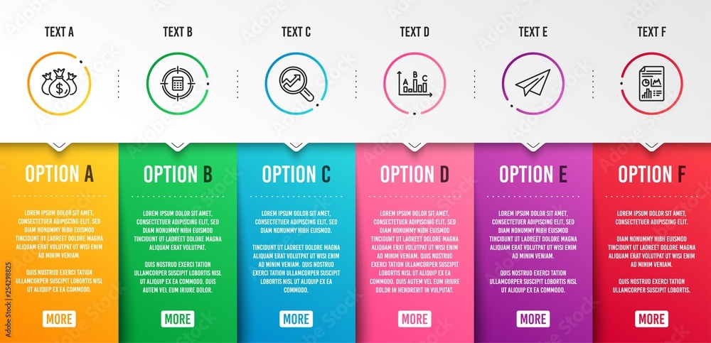 Poster check investment, paper plane and calculator target icons simple set. analytics, survey results and 