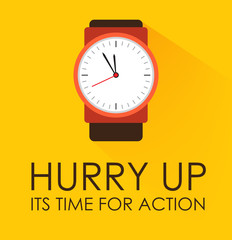 Hurry Up, Its Time for Action Concept. Stopwatch clock ticking on yellow background. 