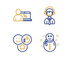 Online education, Like and Shipping support icons simple set. Snowman sign. Internet lectures, Social media likes, Delivery manager. New year. Linear online education icon. Colorful design set. Vector