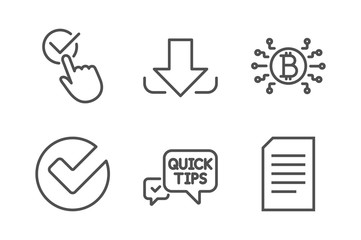 Checkbox, Download and Bitcoin system icons simple set. Quick tips, Verify and Document signs. Approved, Load file. Technology set. Line checkbox icon. Editable stroke. Vector