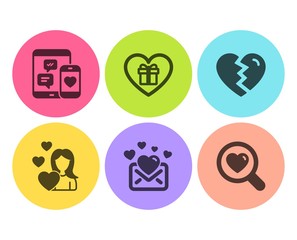 Social media, Love mail and Break up icons simple set. Love, Romantic gift signs. Mobile devices, Valentines letter. Love set. Flat social media icon. Circle button. Vector