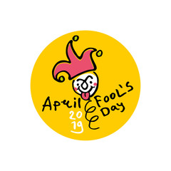 April Fools Day. 2019. Cartoon style graphics marker drawn. Logo on a round yellow sticker with a jester on a spring. Handwritten logo for fool's day. Vector template.