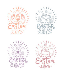 Happy Easter 2019. Vector set of four stickers with two jumping Easter bunnies, art lettering and floral decor.
