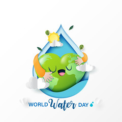 World water day.Paper art of love nature and save water for ecology and environment conservation concept design.Vector illustration.