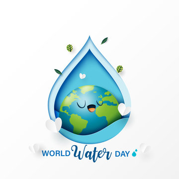World Water Day.Paper Art Of Save Water For Ecology And Environment Conservation Concept Design.Vector Illustration.