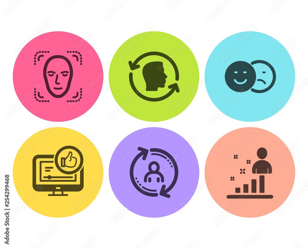 Poster face detection, like video and user info icons simple set. like, face id and stats signs. detect per