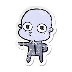 distressed sticker of a cartoon weird bald spaceman